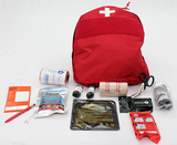 Red medical backpack with medical supplies